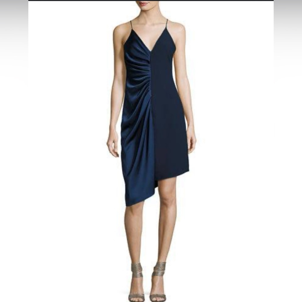Halston Heritage Asymmetric Spaghetti Strap Midnight Blue Dress Size 14